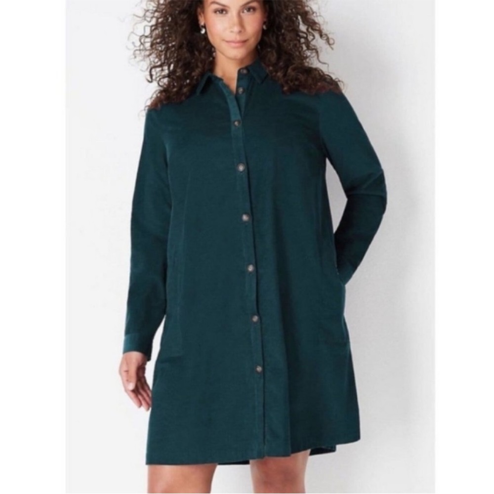 J. Jill Corduroy Tunic Shirt Dress Green Button Roll Tab Sleeve Lagenlook XL